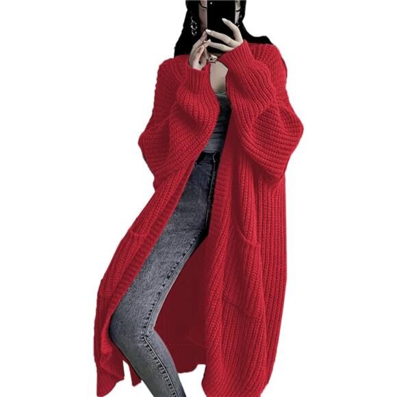 Womens Long Cardigan Sweaters Open Front Oversized Red - Picture 1 of 5